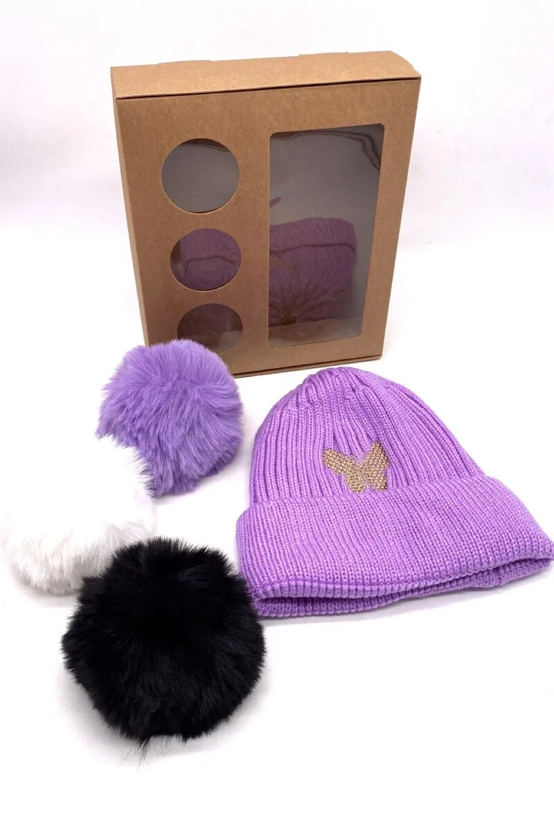 Beanie set with embroidered butterfly detail - 3 removable pompon