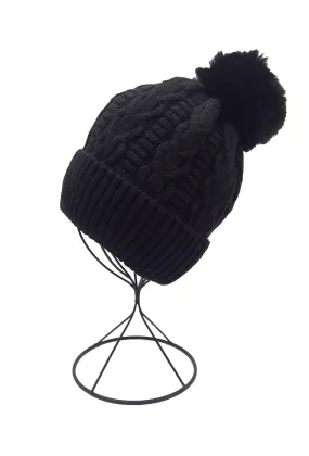 CABLE BEANIE WITH REVERSED BEAM-FLEECE LINING, REMOVABLE POM-POM