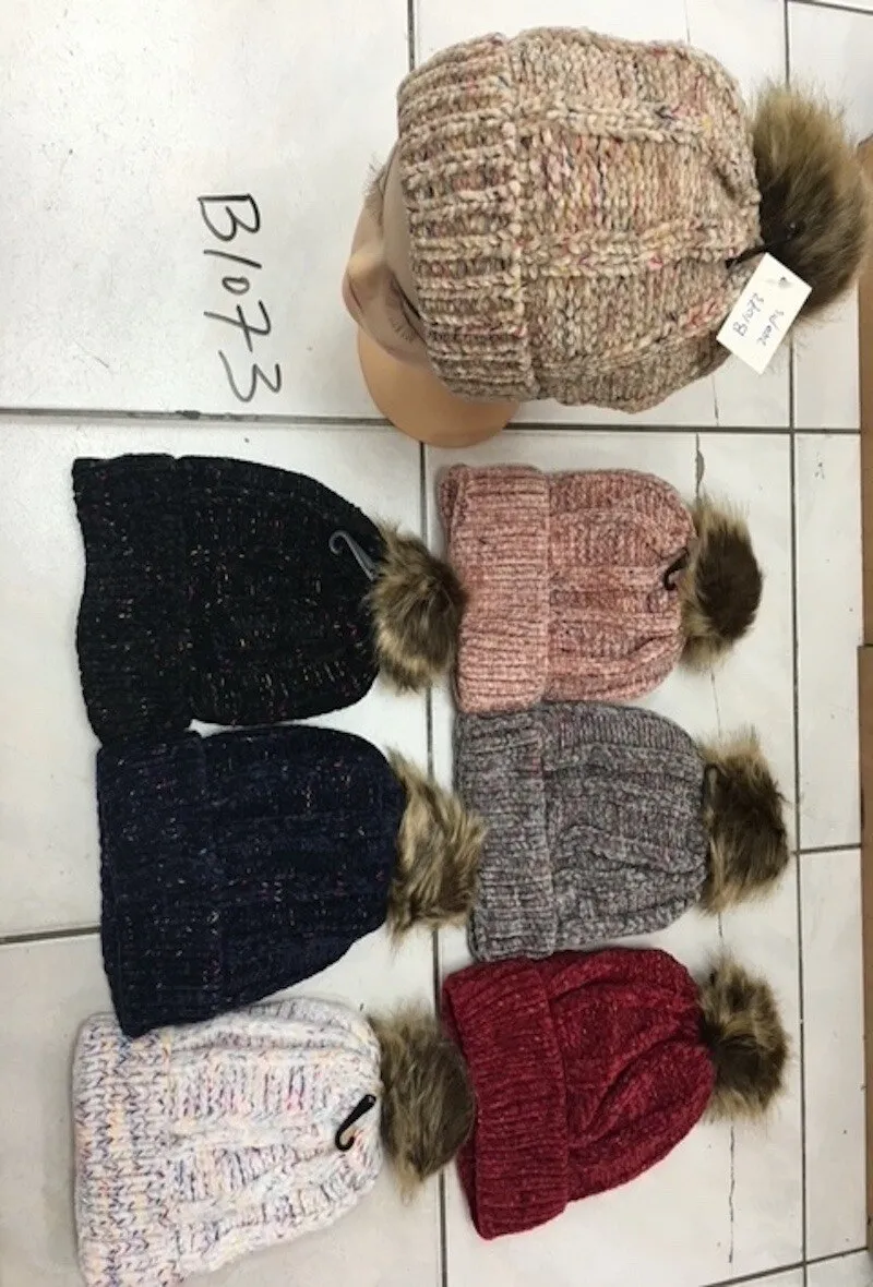 Chenille beanie with pompom multicolor yarns