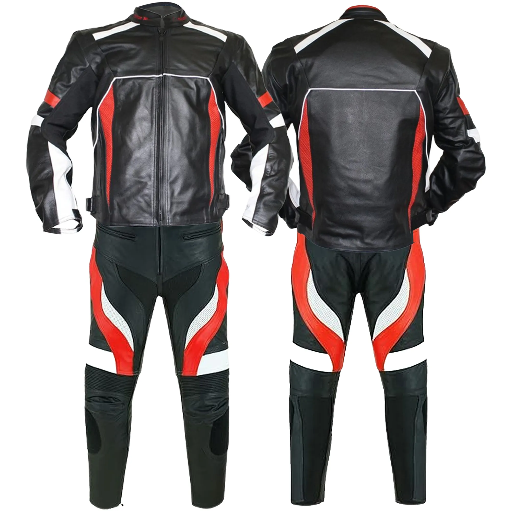 GermanWear 2-teiler Motorradkombi Biker lederkombi aus Rindsleder Schwarz/Rot