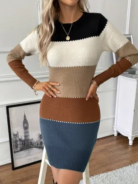 Heidi-Mode | Moderne Farbblock Lange Ärmel Kleid Für Frauen