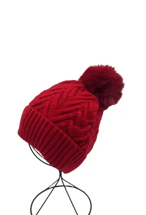 Large v pattern knitted beanie hat with pompon
