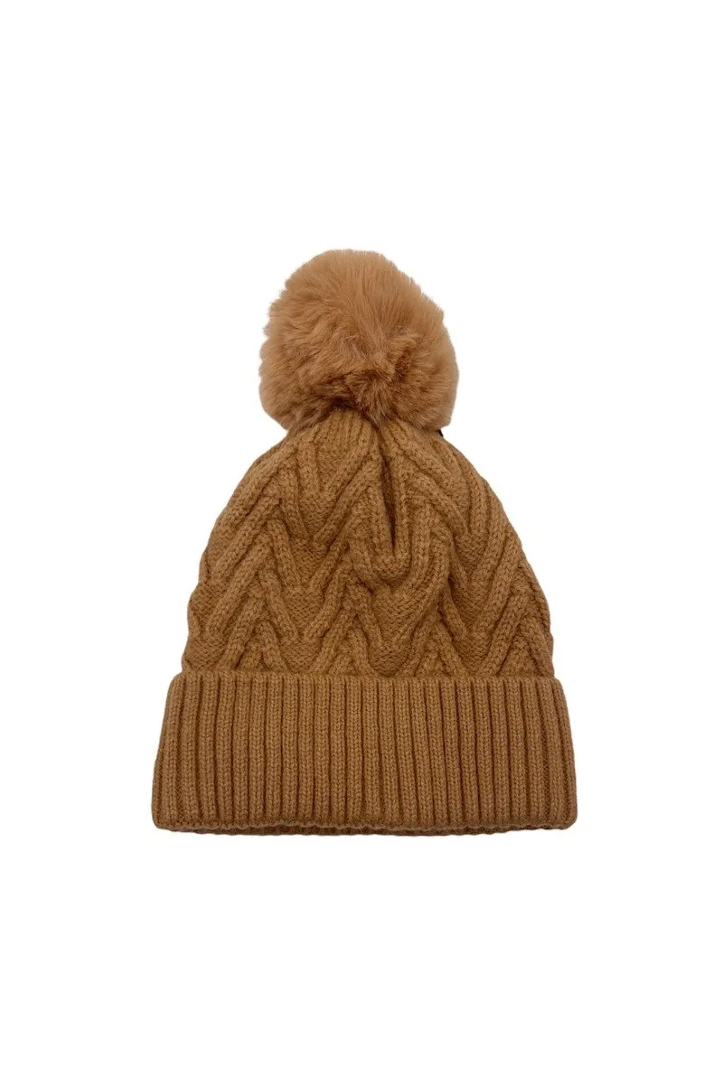 Large v pattern knitted beanie hat with pompon