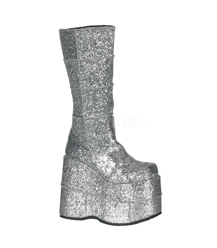 Plateau Stiefel STACK-301G Silber Glitzer von Demonia