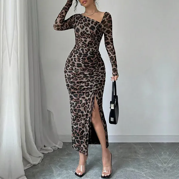 Sexy Kleid mit Leopardmuster, Schrägem Schulterdesign und Lange Ärmel