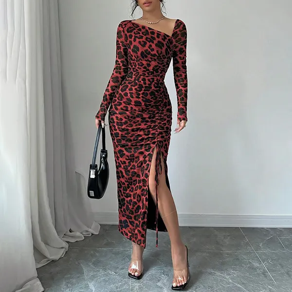 Sexy Kleid mit Leopardmuster, Schrägem Schulterdesign und Lange Ärmel
