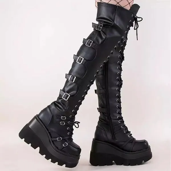 Street Fashion Overknee Stiefel aus Kunstleder mit Schnallen und Schnürung