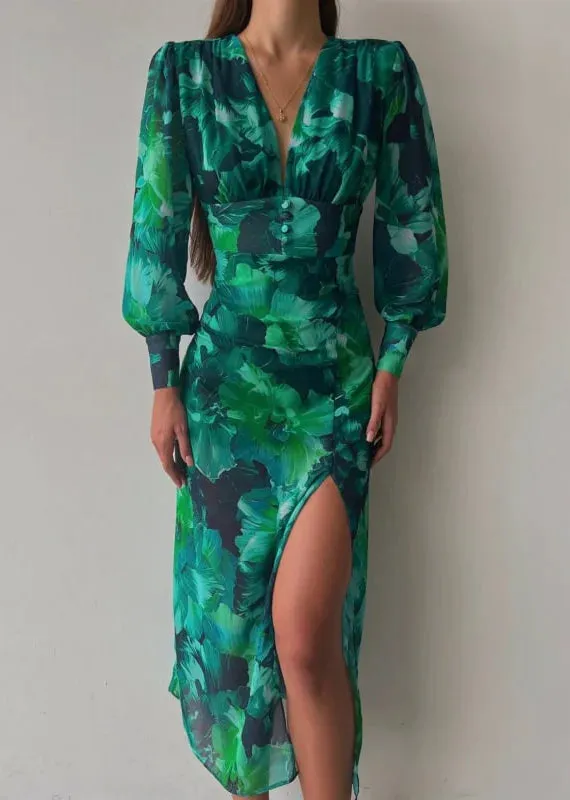 v-ausschnitt lange ärmel mit schlitz midi kleid