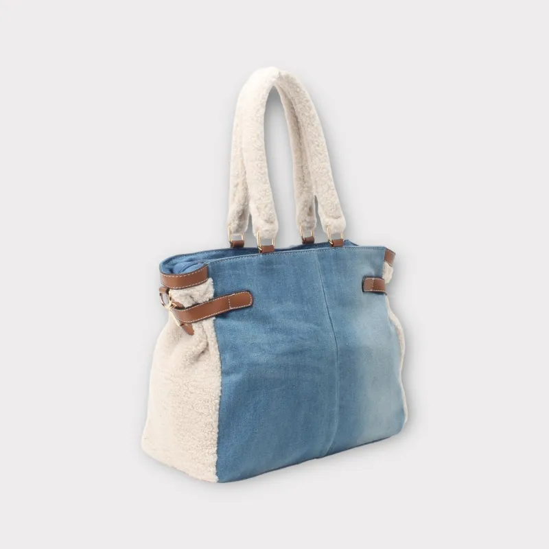 Vintage-Tasche aus zwei Materialien mit Jeans- und Schaffell-Effekt und goldener Schnalle